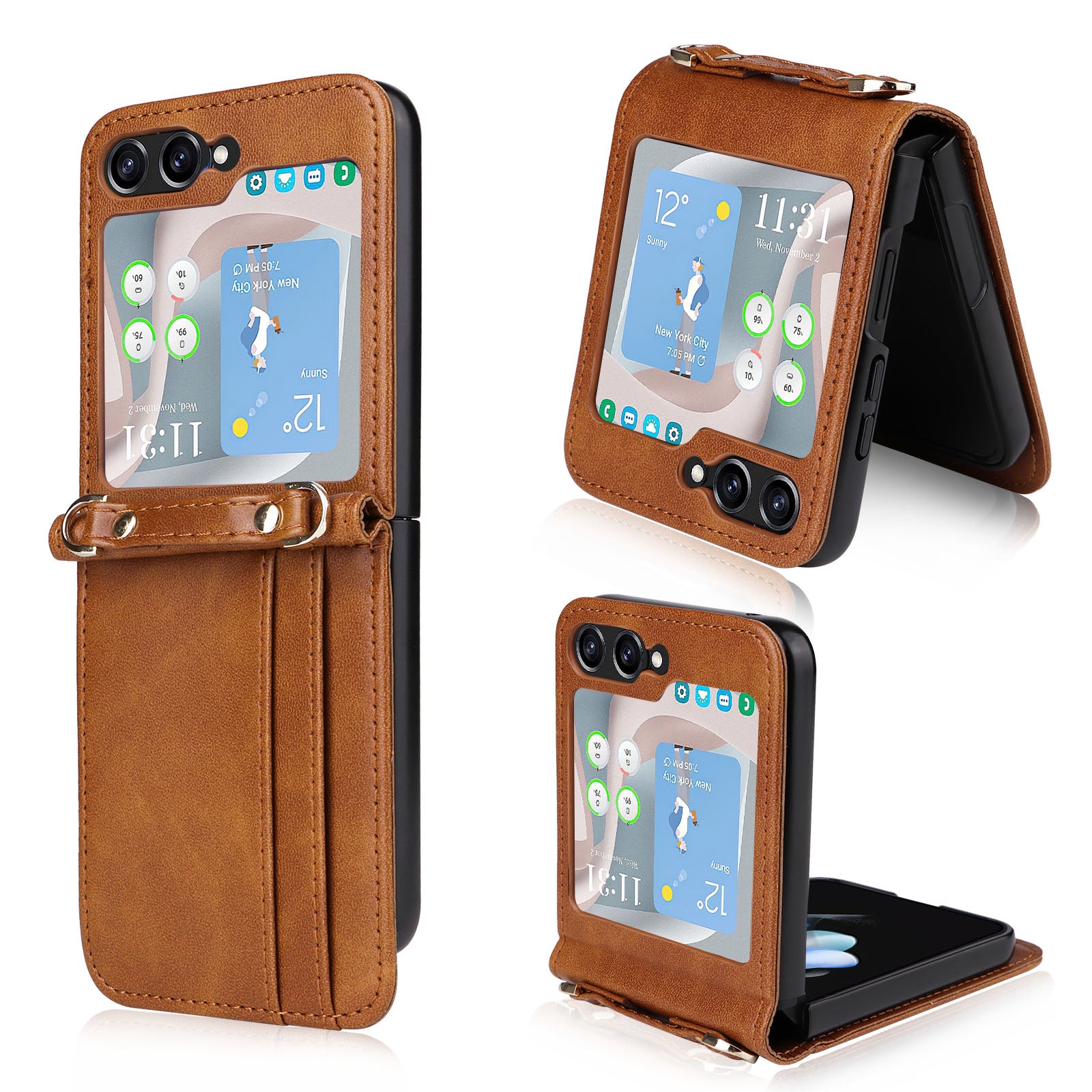 For Samsung Galaxy Z Flip5 5G PU Leather Card Holder Case One-piece Design Shockproof Phone Cover with Lanyard For Samsung Galaxy Z Flip5 5G PU Leather Card Holder Case One-piece Design Shockproof Phone Cover with Lanyard